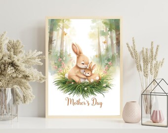 Bunny moeder en baby aquarel illustratie, Moederdag kinderkamer kunst (digitale print)