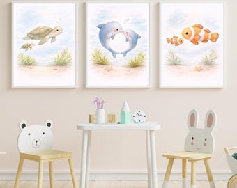 Oceaandieren kinderkamerkunstset, aquarel walvis dolfijn visafdrukken, decor moeder baby