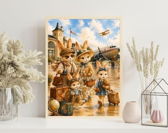 Cadeau voor kinderen, familie reizen kinderkamer print, vintage luchthaven muurkunst, aquarel konijn familie poster, zomervakantie decor