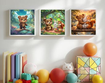 Kwekerijkunstset bosdieren: afdrukken met beer, konijn en eekhoorn (digitale download)