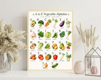 Plantaardige alfabet kinderkamer print, aquarel ABC groenteposter, Montessori leren kunst aan de muur, gezond eten kinderkamer afdrukbaar