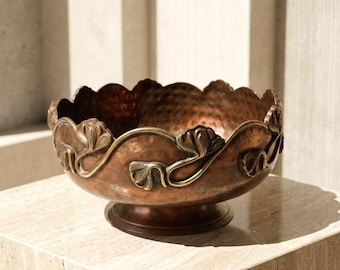 Vintage Hammered Copper Brass Bowl, Antique Art Nouveau Lotus Flower Design