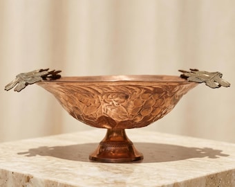 Antique Hammered Copper Brass Bowl, Large Vintage Pedestal Repoussé Bowl