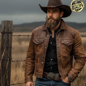 Handcrafted Men's Distressed Brown Crazy Horse Leather Jacket - Genuine Vintage Leather Western Coat .