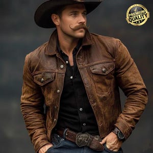 May include: A brown leather jacket with a classic design, featuring a collared neckline, buttoned pockets, and a distressed finish. The jacket is paired with a black shirt, blue jeans, and a brown belt with a decorative buckle. A cowboy hat completes the look.