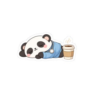 May include: A sticker featuring a sleeping panda wearing a blue medical coat and stethoscope. The panda has black and white fur with pink cheeks and is next to a coffee cup with steam rising from it.
