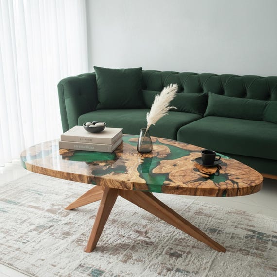 Handmade Olive Wood and Emerald Epoxy Coffee Table | Custom Live Edge Resin Center Table