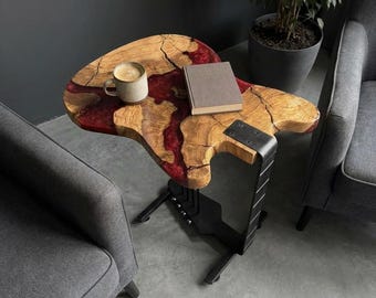 Table d'appoint unique en forme de guitare | Table de bout en bout de rivière en résine époxy et bois d'olivier | Cadeau musicien