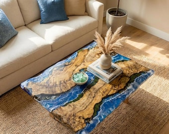 Table basse en résine époxy Ocean Wave | Table côtière en bois d'olivier avec vrais coquillages et mousse | Décoration de plage artistique fonctionnelle