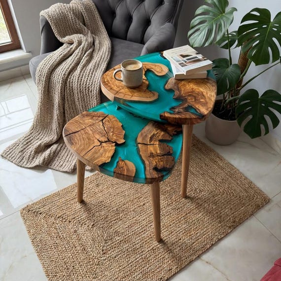 Handmade Olive Wood Epoxy Resin Nesting Tables Set of 2 – Luxury Side Tables for Living Room