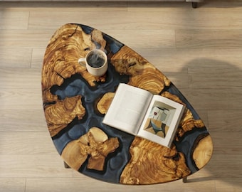 Tavolino centrale in legno d'ulivo fatto a mano con resina epossidica / Tavolino da caffè moderno in resina con bordo vivo