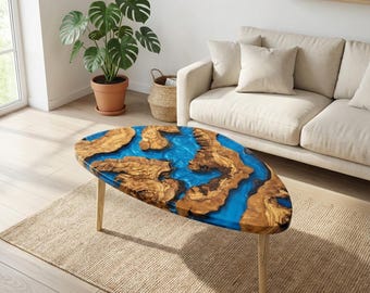 Table basse fabriquée à la main en bois d'olivier et époxy : des meubles uniques pour le salon