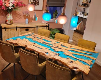 Table de salle à manger personnalisée en époxy, table en résine Live Edge : meubles modernes en bois d'olivier massif