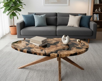 Table basse en bois d'olivier époxy : pièce maîtresse en bois massif sur mesure