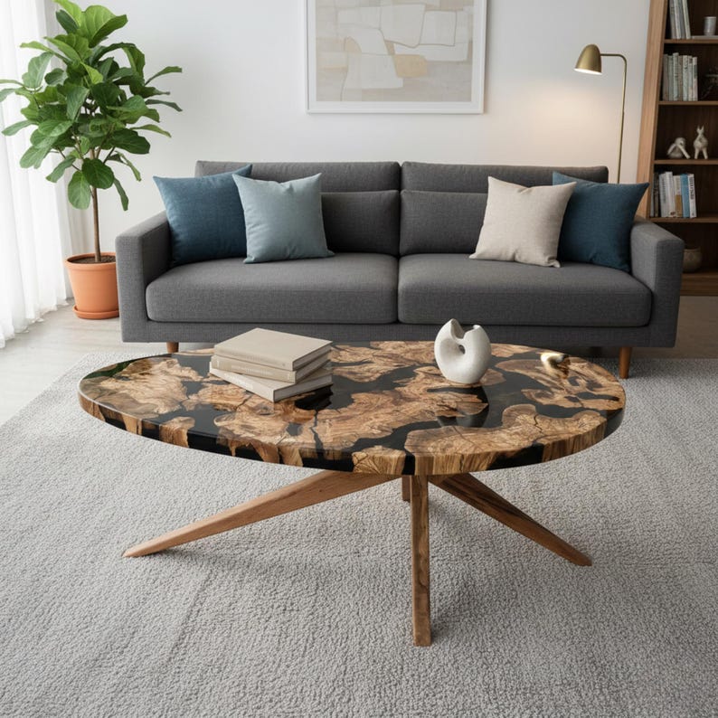 Handmade olive wood epoxy coffee table — modern live edge design