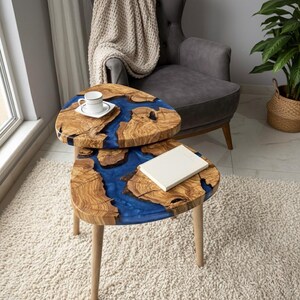 Set of 2 Epoxy Resin Tables with Wooden Legs in Modern Living Room