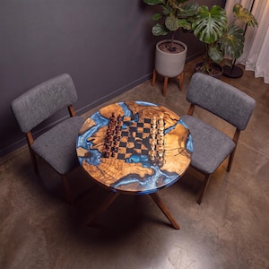 Handmade Olive Wood Epoxy Chess Table, Round Game Furniture, Modern Resin Game Board