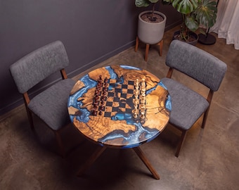 Table d'échecs faite main en bois d'olivier époxy, meubles de jeu ronds, plateau de jeu moderne en résine