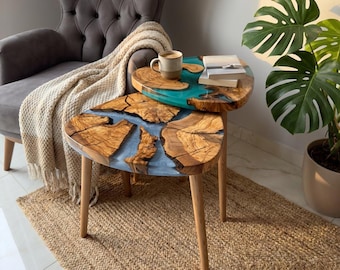 Tables gigognes en bois d'olivier faites main en résine époxy - Tables d'appoint de luxe pour salon moderne