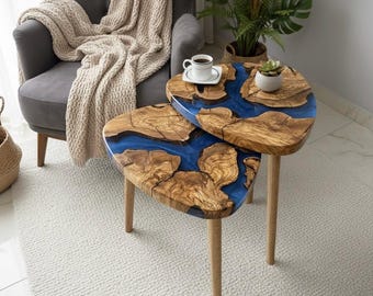 Tables gigognes en bois d'olivier et époxy faites main, ensemble de tables basses modernes Live Edge