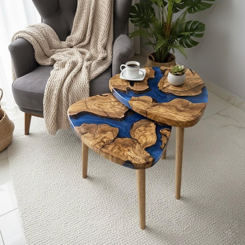 Handmade Olive Wood & Epoxy Nesting Tables — Modern Two-Piece Set