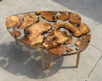 Set of 2 Large Olive Wood Epoxy Coffee Tables, Modern Custom Solid Resin Centerpiece