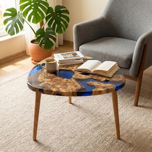 May include: Oval coffee table with a wood grain top and blue resin river design. The table has three wooden legs and is surrounded by a gray armchair and a potted plant. A cup of coffee and books are on the table.