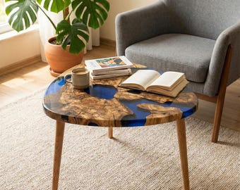 Table basse faite main en bois d'olivier époxy | Centre de table en bois massif fabriqué sur mesure
