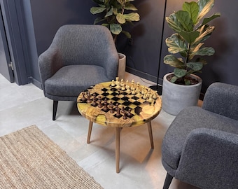 Table d'échecs en bois d'olivier époxy, table basse d'échecs en résine faite main, table d'échecs en bois de luxe