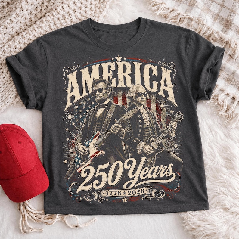 May include: Dark gray t-shirt featuring a graphic of Abraham Lincoln and George Washington playing electric guitars. The design includes the word "AMERICA" and "250 Years 1776-2026" in a vintage style. A red baseball cap is visible on the left.
