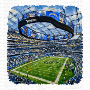 Op de afbeelding: Een digitale illustratie van een footballstadion met een groot rond scorebord boven het veld waarop het Chargers-logo en het woord Stadium staan. Het veld is groen met gele doelpalen, omringd door tribunes vol met toeschouwers.