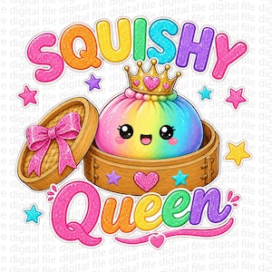 Puede incluir: Un personaje redondo de colores del arcoíris con cara sonriente y una corona dorada se sienta dentro de una vaporera de bambú de madera. El texto SQUISHY QUEEN está escrito en letras grandes, brillantes y multicolores, rodeado de estrellas.