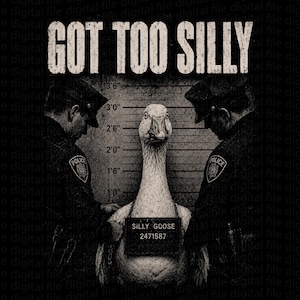 May include: A humorous image featuring a goose in a police lineup. The goose has a prisoner sign that reads "SILLY GOOSE 2471587." The text "GOT TOO SILLY" is above the goose. Two police officers flank the goose.