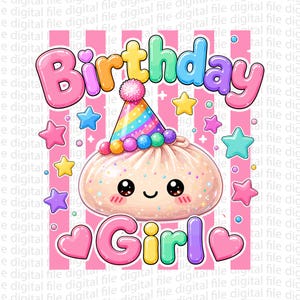 Peut inclure: Un graphique numérique représentant un personnage de boulette rond et souriant portant un chapeau de fête à rayures arc-en-ciel avec des pompons colorés. Le texte Birthday Girl est écrit en grosses lettres bulles, entouré d'étoiles et de cœurs.