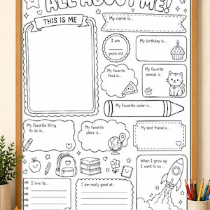 Può includere: Un foglio di lavoro in bianco e nero intitolato ALL ABOUT ME con sezioni per dettagli personali come nome, età, compleanno, cibo preferito, animale, colore, attività, luogo, amici e obiettivi, decorato con icone come un razzo.