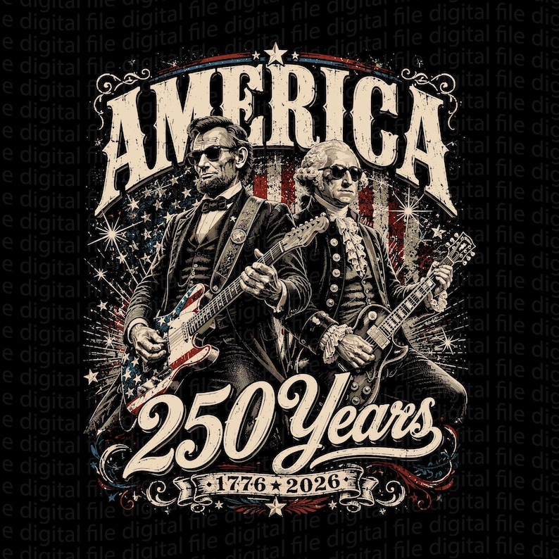 May include: Graphic design featuring Abraham Lincoln and George Washington playing electric guitars, with the word "AMERICA" above them. The design includes the text "250 Years 1776-2026" and patriotic colors.