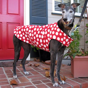 Greyhound Coat | Big Dog Coat | Dog Jacket | Various Sizes | Blue Polka Dot Fleece with Black Fleece Lining | Pick Your Polka Dot Color