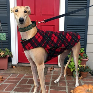 Greyhound Coat | Extra Large Dog Coat | XL Dog Jacket | Red, Black, and Green Tartan Plaid Fleece with Green Fleece Lining