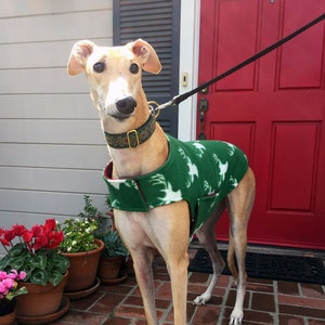 Greyhound Coat | XL Dog Jacket | Big Dog Coat | White Deer Heads on Green Fleece with Cranberry Fleece Lining