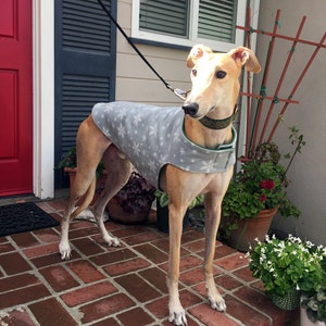 Greyhound Coat | Extra Large Dog Coat | Dog Jacket | Dove Gray, & White Snowflake Print Fleece with Hunter Green Fleece Lining