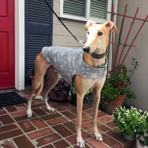 Greyhound Coat Extra Large Dog Coat Dog Jacket Dove Gray, & White Snowflake Print Fleece with Hunter Green Fleece Lining image 1