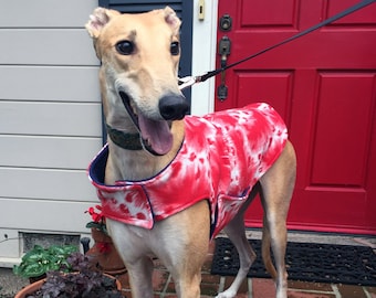 Greyhound Coat | Big Dog Coat | XL Dog Jacket | Red and White Feather Print Fleece with Navy Blue Fleece Lining