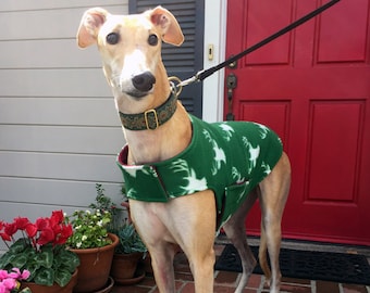 Greyhound Coat | XL Dog Jacket | Big Dog Coat | White Deer Heads on Green Fleece with Cranberry Fleece Lining