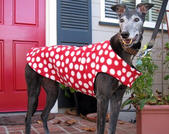Windhundmantel | Großer Hundemantel | Hundejacke | Verschiedene Größen | Polka Dot Fleece mit schwarzem Fleecefutter | Wähle deine Polka Dot Farbe