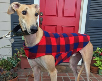 Greyhound Coat | Dog Coat, XL Dog Jacket | Red and Navy Buffalo Plaid Fleece with Navy Blue Fleece Lining