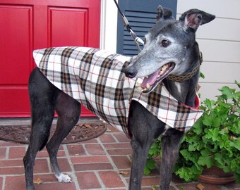 Greyhound Coat | XL Dog Jacket | Big Dog Coat | Red, Brown, Gray, White, and Black Flannel Plaid with Red Fleece Lining