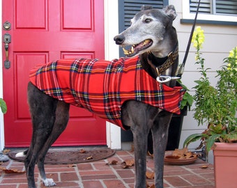 Greyhound Coat | XL Dog Jacket | Dog Coat | Red, Blue, Black, Yellow, and White Tartan Plaid Fleece with Black Fleece Lining