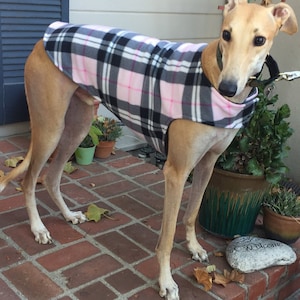 Greyhound Coat | XL  Dog Coat | Pink and Black Plaid Fleece with Black Fleece Lining