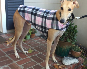 Greyhound Coat | XL or Large  Dog Coat | Pink and Black Plaid Fleece with Black Fleece Lining