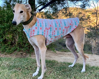 Greyhound Coat | XL Dog Coat | Dove Gray Fleece with Hot Pink, Peach, Aqua, and White Arrows and Aqua Fleece Lining